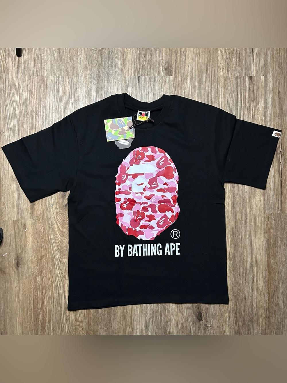 A Bathing Ape Black Tee with Pink Camo Ape